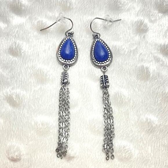 Vintage Natural Lapis Lazuli, Silver Plated, Tear Drop Shaped, Dangle Earrings - Picture 2 of 6